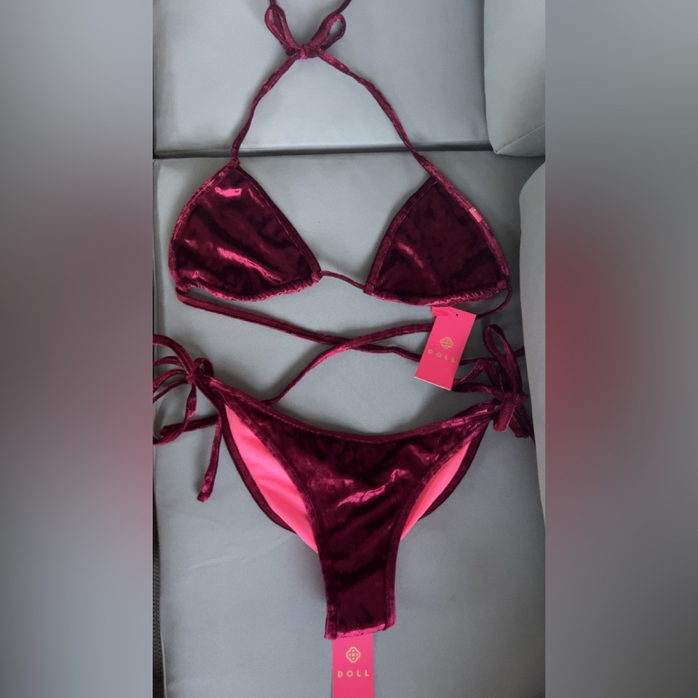 Velvet Bikini Set in Burgundy and Pink